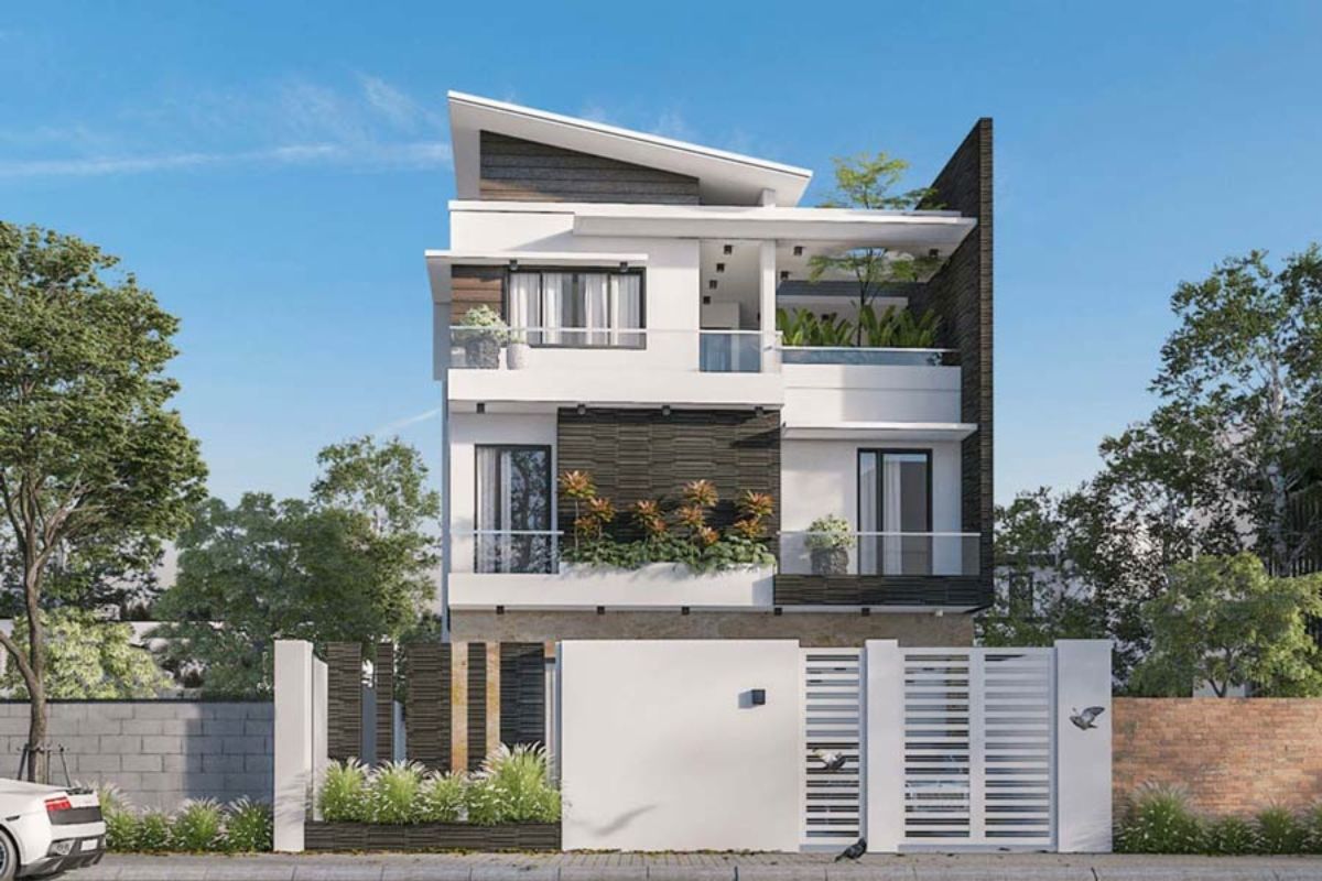 Với đường mái vươn cao dứt khoát, mẫu biệt thự 3 tầng mái lệch đẹp này phù hợp với gia chủ yêu thích kiến trúc hiện đại  (Ảnh: Sưu tầm)