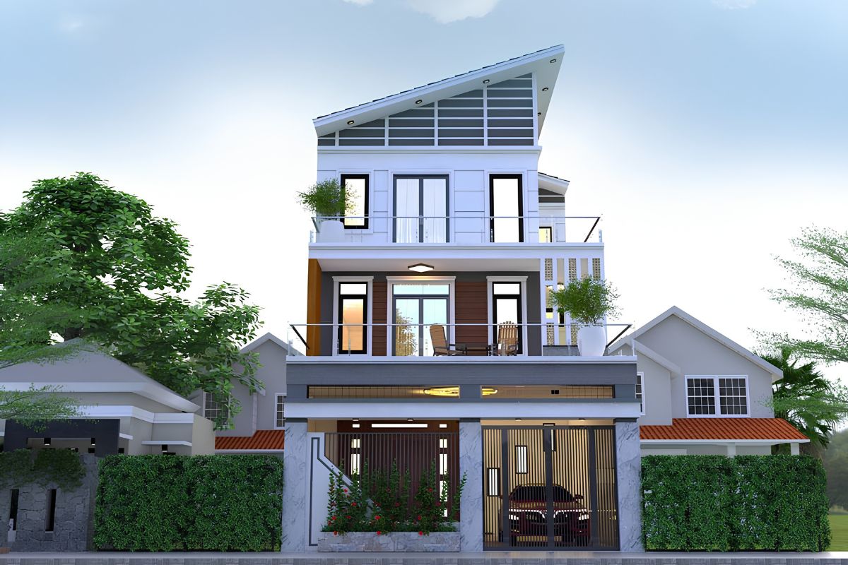 Nhà biệt thự 3 tầng mái lệch hiện đại ghi dấu ấn bằng hình khối vuông vức, mảng kính lớn và nhịp mái phá cách  (Ảnh: Sưu tầm)