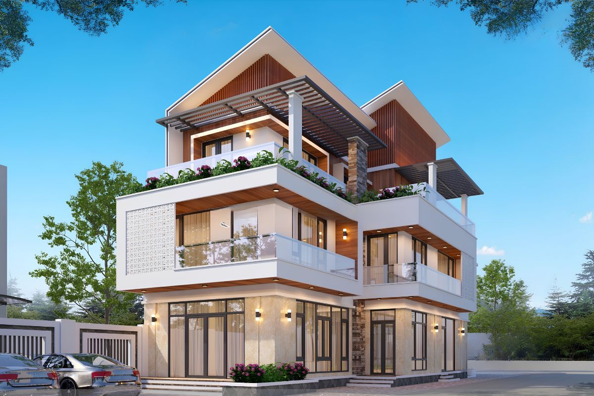 Mái lệch dốc một phía giúp biệt thự 3 tầng hiện đại trở nên thanh thoát, cá tính nhưng vẫn giữ được sự bề thế (Ảnh: Sưu tầm)