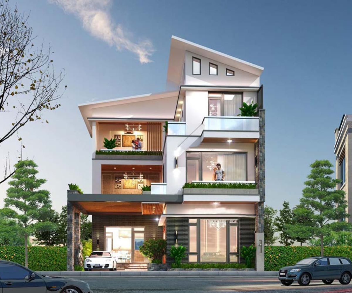 Thiết kế biệt thự 3 tầng mái lệch so le mang đến hình khối sinh động, tạo cảm giác công trình luôn có sự chuyển động  (Ảnh: Sưu tầm)