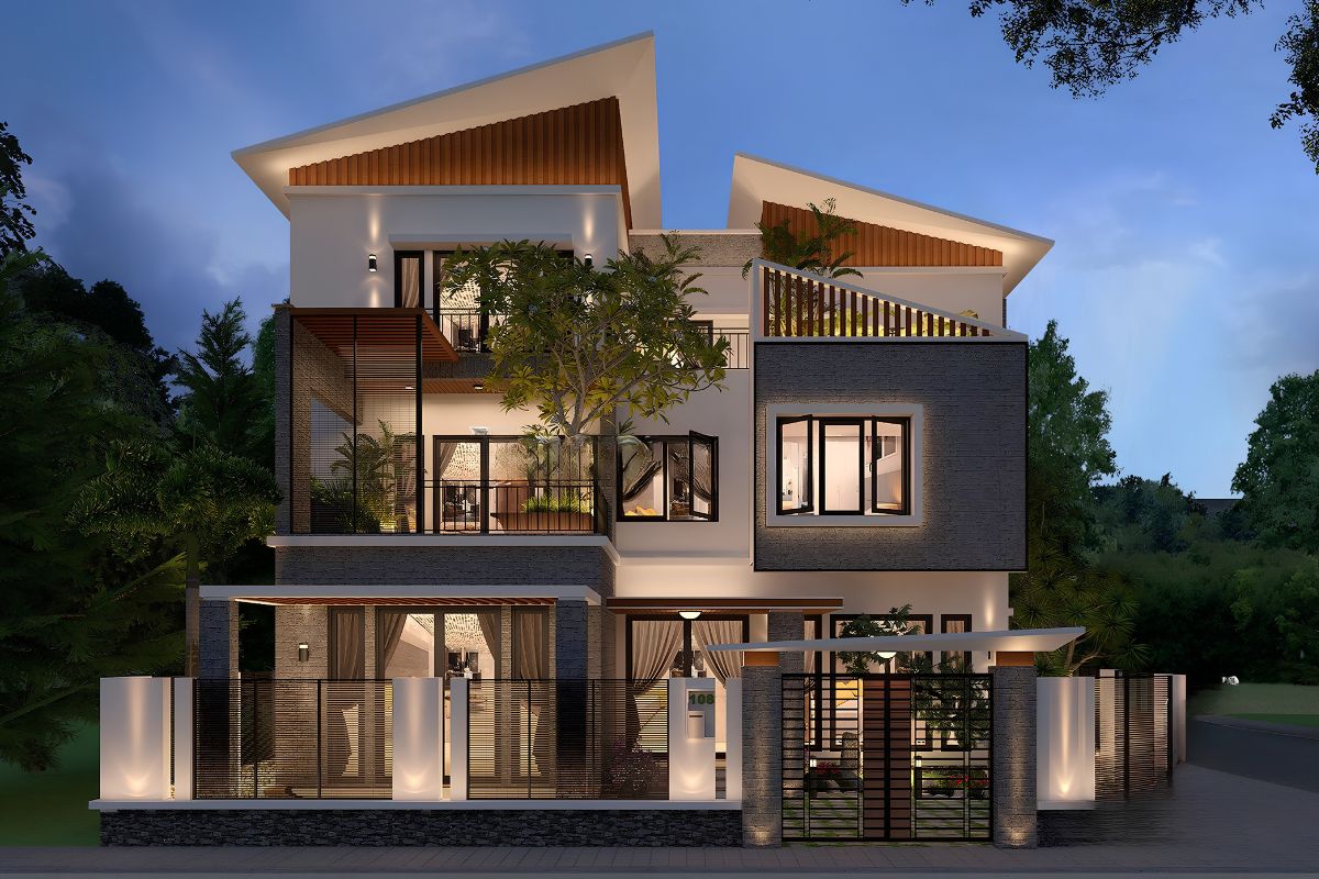 Biệt thự mái lệch 3 tầng kiểu so le giúp mặt đứng bớt đơn điệu, đồng thời tăng hiệu quả thoát nước cho phần mái (Ảnh: Sưu tầm)