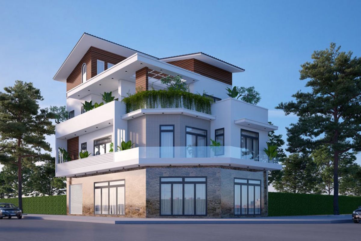 Thiết kế biệt thự 3 tầng mái lệch kết hợp kinh doanh cần chú trọng lối vào, chỗ đậu xe và khoảng đệm cảnh quan (Ảnh: Sưu tầm)