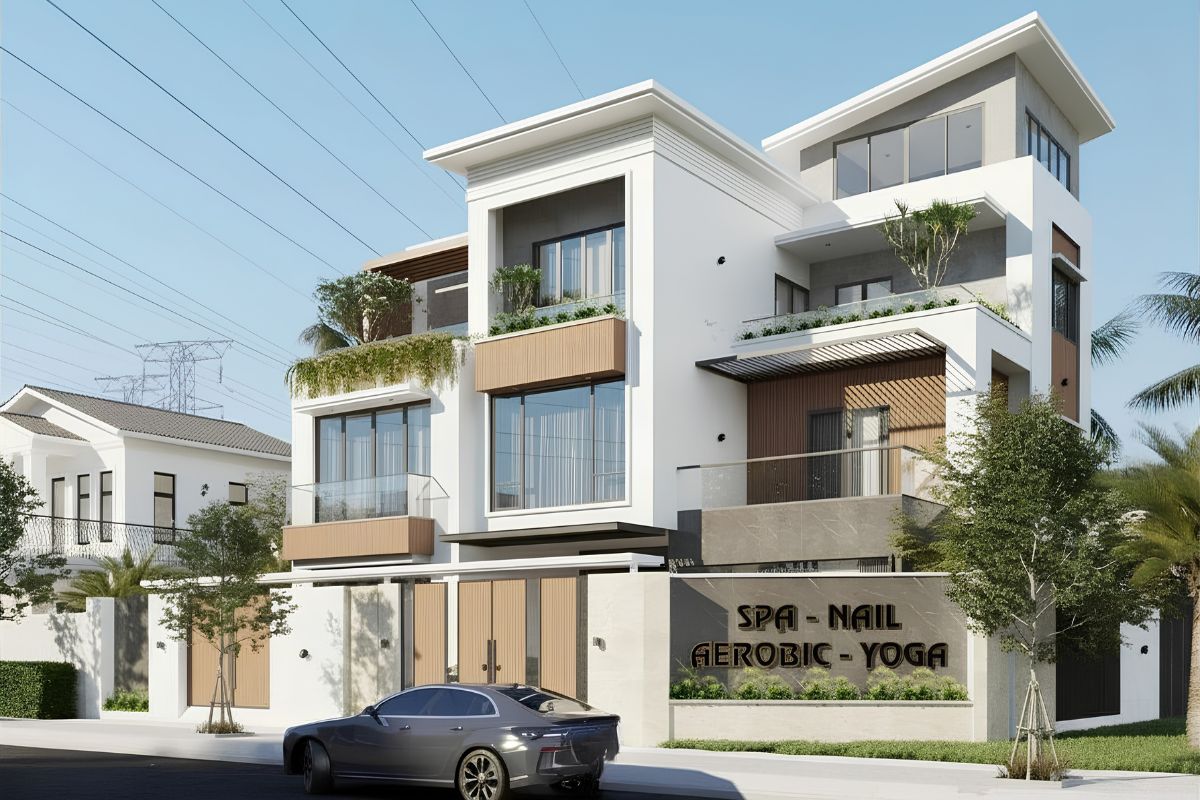 Mẫu nhà biệt thự 3 tầng mái lệch hiện đại này phù hợp với gia chủ muốn cân bằng giữa không gian sống và giá trị thương mại (Ảnh: Sưu tầm)