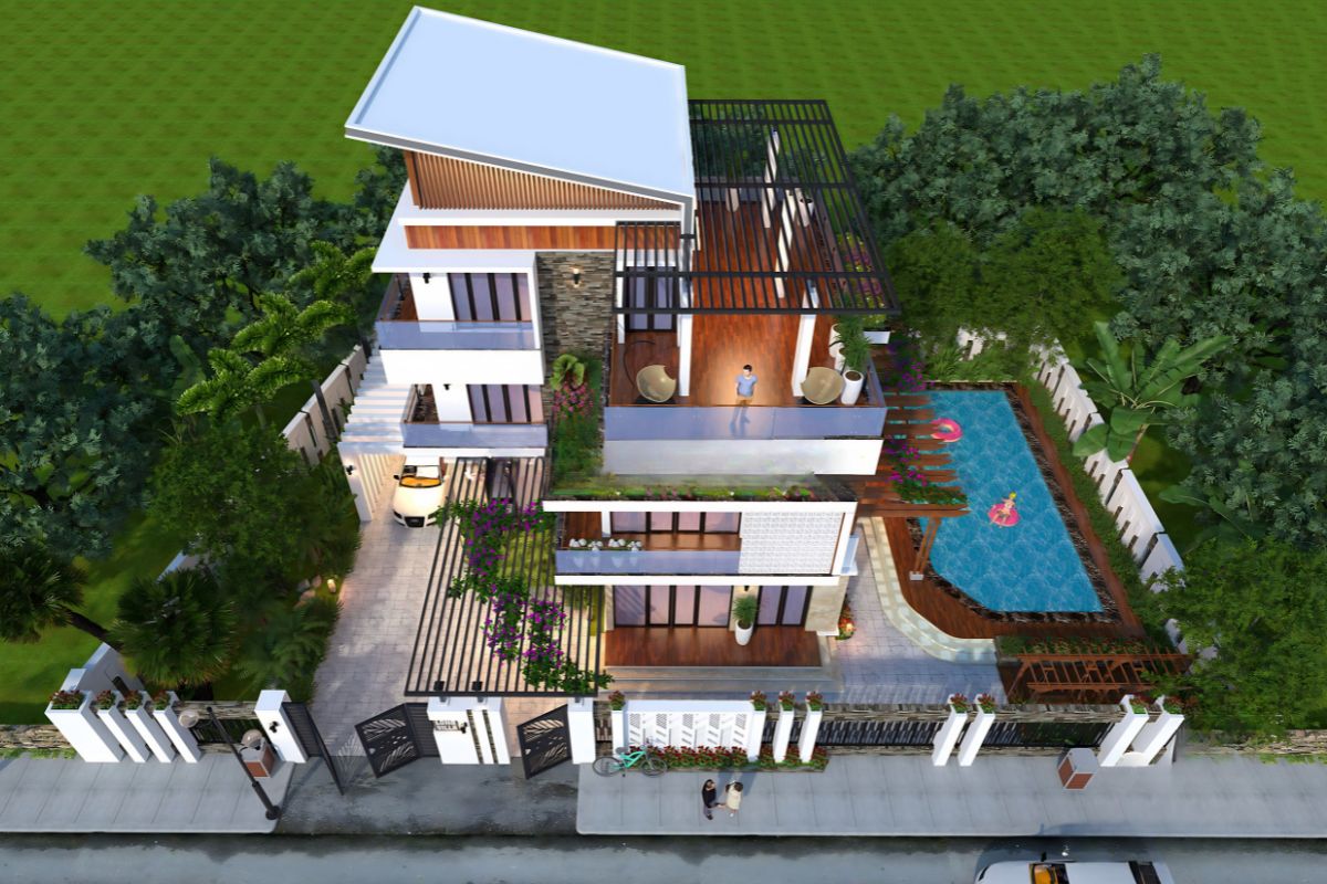 Biệt thự 3 tầng có gara kết hợp hồ bơi và mái lệch mang đến cảm giác sang trọng, tiện nghi như một khu nghỉ dưỡng riêng (Ảnh: Sưu tầm)