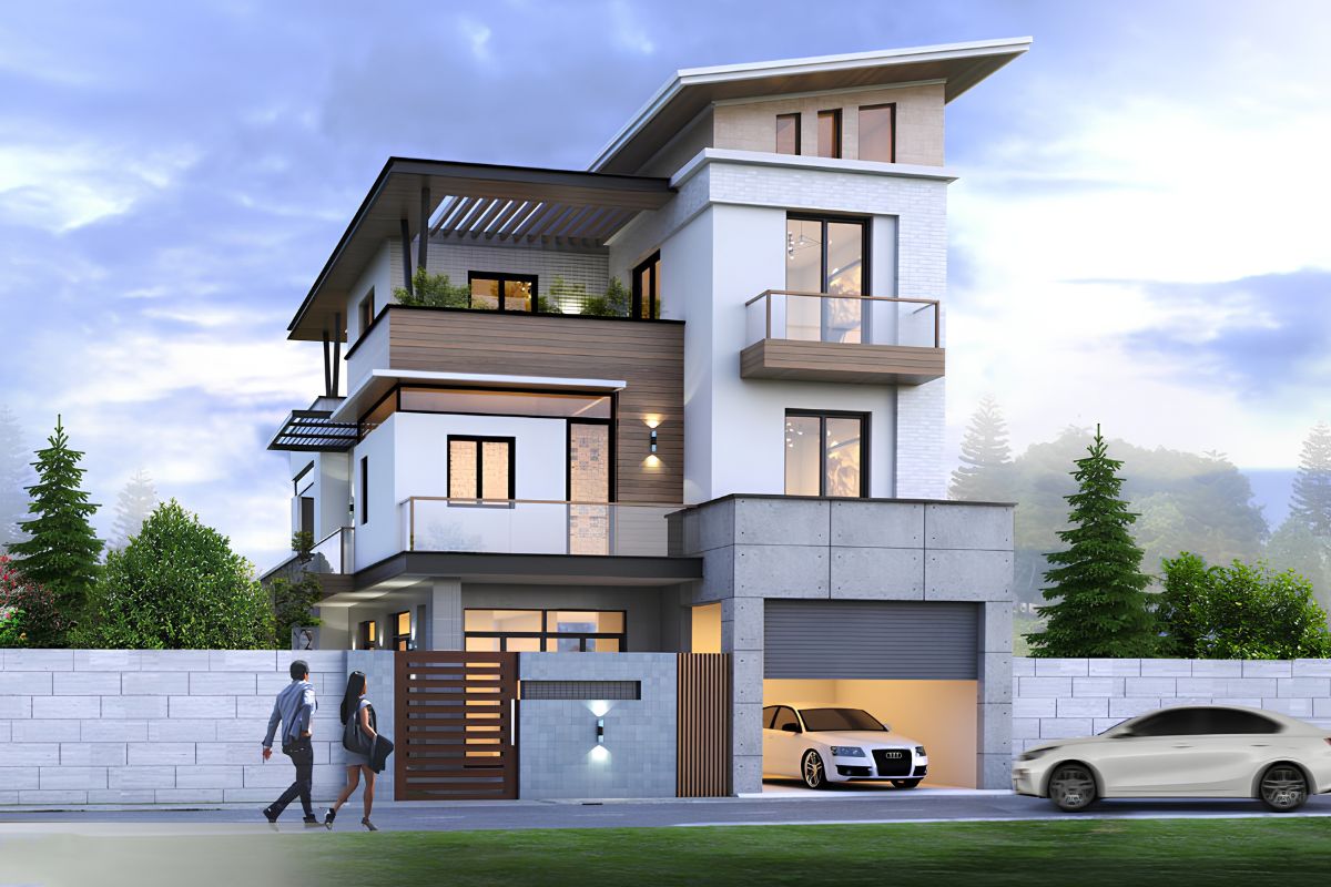Gara được bố trí hợp lý giúp thiết kế biệt thự 3 tầng mái lệch giữ được sự gọn gàng, thuận tiện trong sinh hoạt hằng ngày  (Ảnh: Sưu tầm)