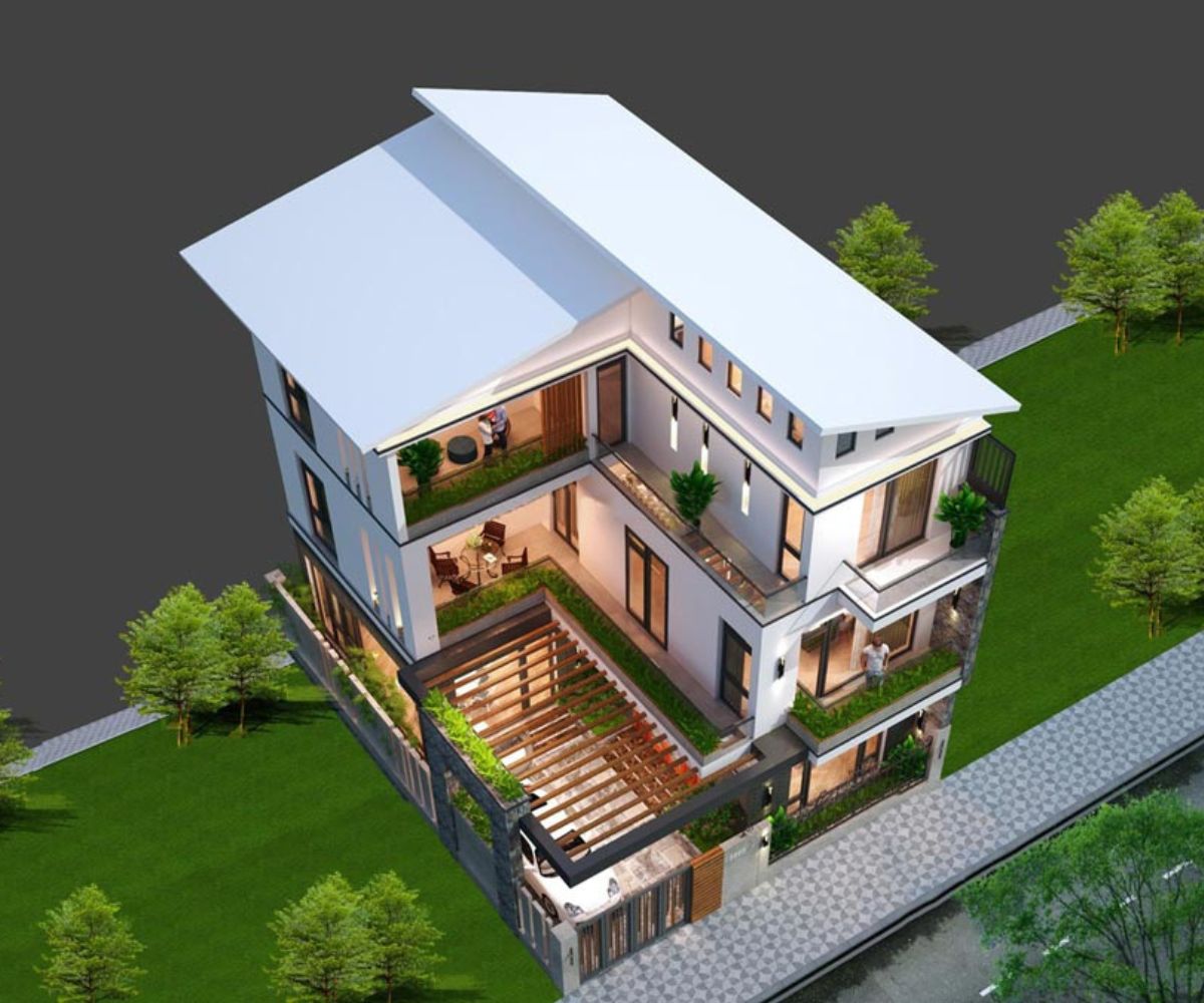 Biệt thự 3 tầng mái lệch chữ L giúp tận dụng khu đất hiệu quả, đồng thời tạo khoảng sân trong thoáng mát cho gia đình (Ảnh: Sưu tầm)