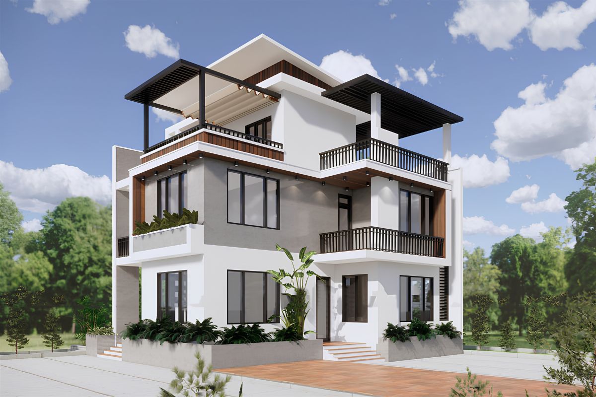 Biệt thự 3 tầng mái bằng lệch hoặc mái lệch chữ L mang lại sự cân bằng giữa công năng, thẩm mỹ và khả năng tối ưu diện tích (Ảnh: Sưu tầm)