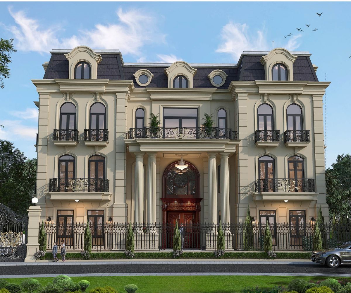 Cột Corinth, cửa vòm và phào chỉ tạo chiều sâu cho mặt tiền biệt thự phong cách Pháp  (Ảnh: Sưu tầm)