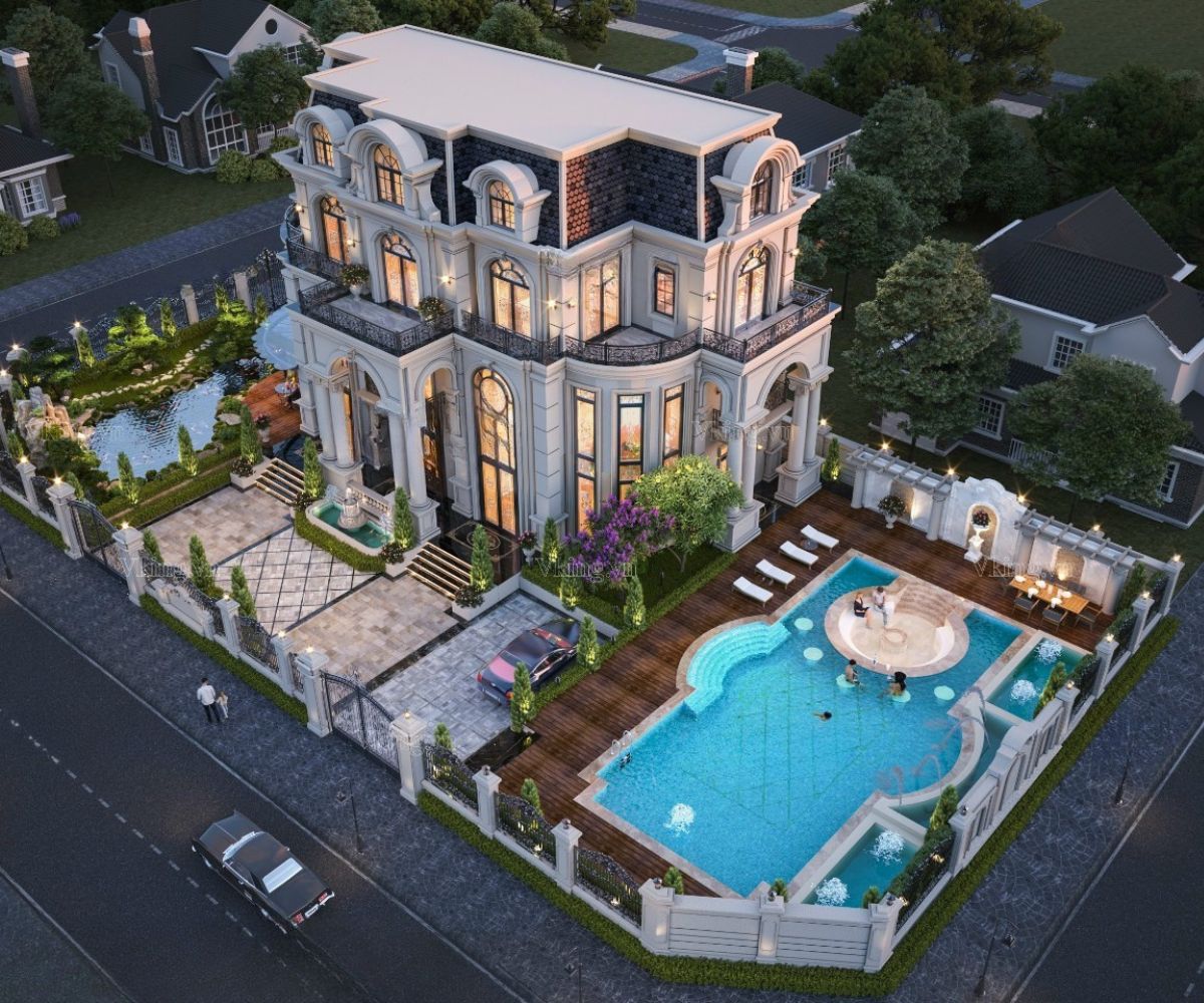 Biệt thự 3 tầng mái Mansard có hồ bơi cân bằng hình khối bề thế bằng khoảng nước thư giãn  (Ảnh: Sưu tầm)