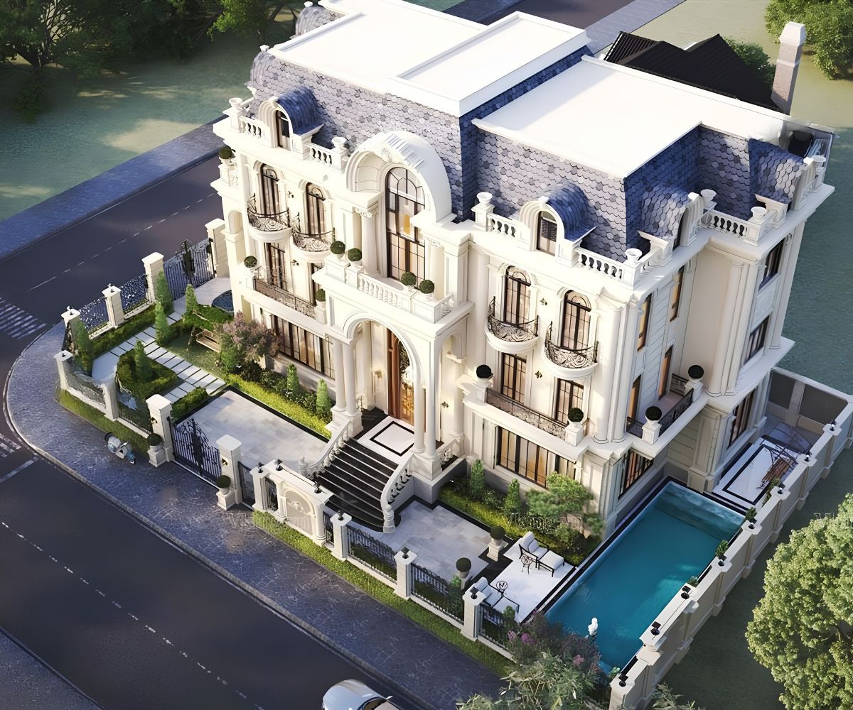 Hồ bơi bên hông tạo sự riêng tư và kết nối hài hòa với không gian biệt thự sân vườn  (Ảnh: Sưu tầm)