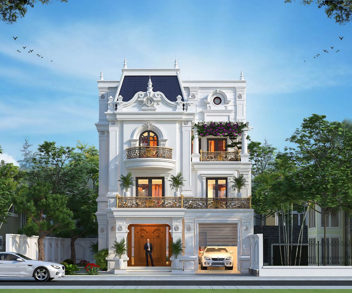 Gara đồng bộ vật liệu và tỷ lệ giúp bảo toàn vẻ đẹp của mặt tiền biệt thự 3 tầng (Ảnh: Sưu tầm)
