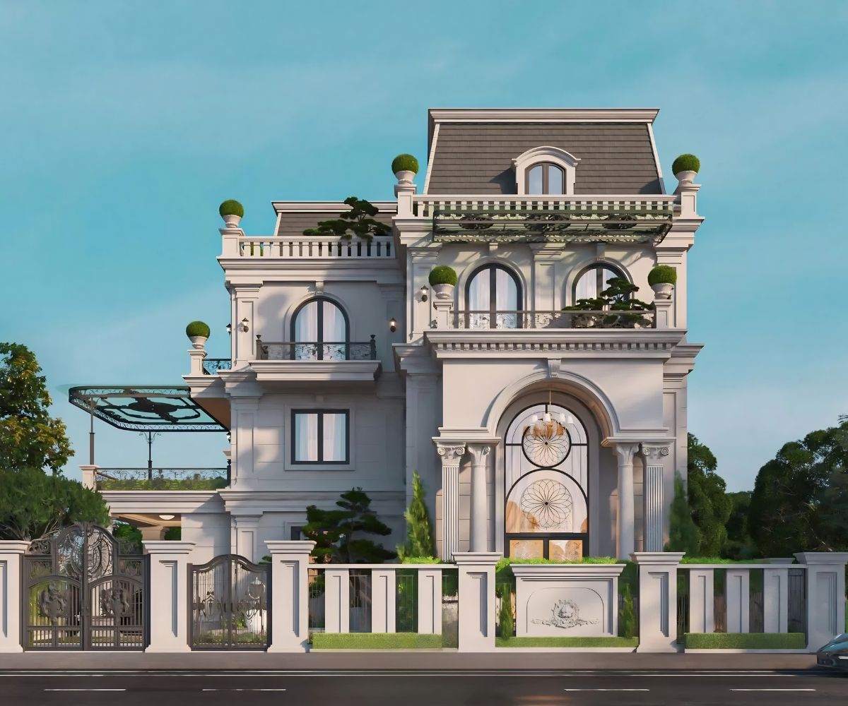 Mẫu biệt thự 3 tầng mái Mansard 10x20m tận dụng chiều sâu để tạo sân đón rộng rãi  (Ảnh: Sưu tầm)
