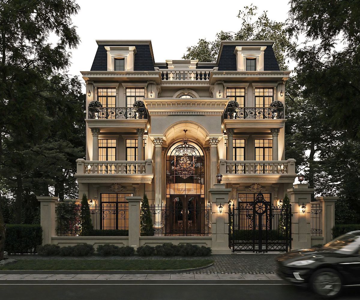Biệt thự 3 tầng mái Mansard mặt tiền 11m thuận lợi bố trí hệ cột đôi và sảnh trung tâm  (Ảnh: Sưu tầm)