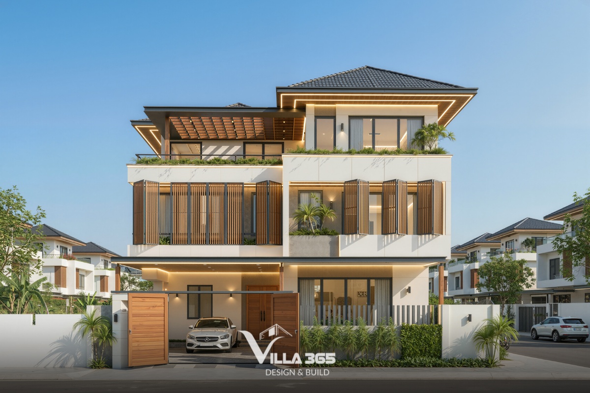 Biệt thự 3 tầng mái ngói hiện đại gây ấn tượng với hình khối vuông vức, đường nét gọn và mặt tiền mạnh mẽ