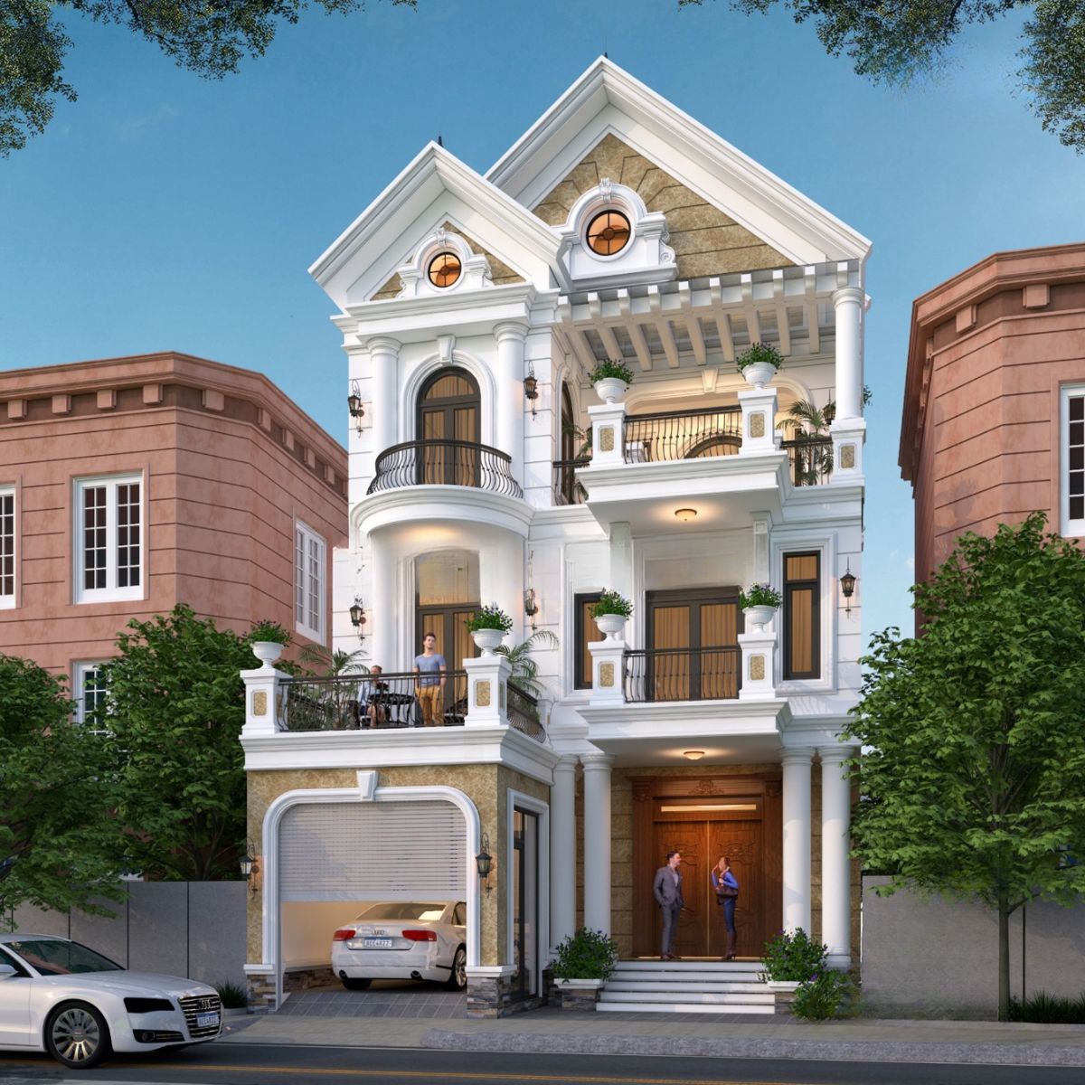 Hệ cột, vòm cửa và ban công nghệ thuật giúp biệt thự 3 tầng tân cổ điển thể hiện rõ dấu ấn bề thế trên mặt tiền 10m  (Ảnh: Sưu tầm)
