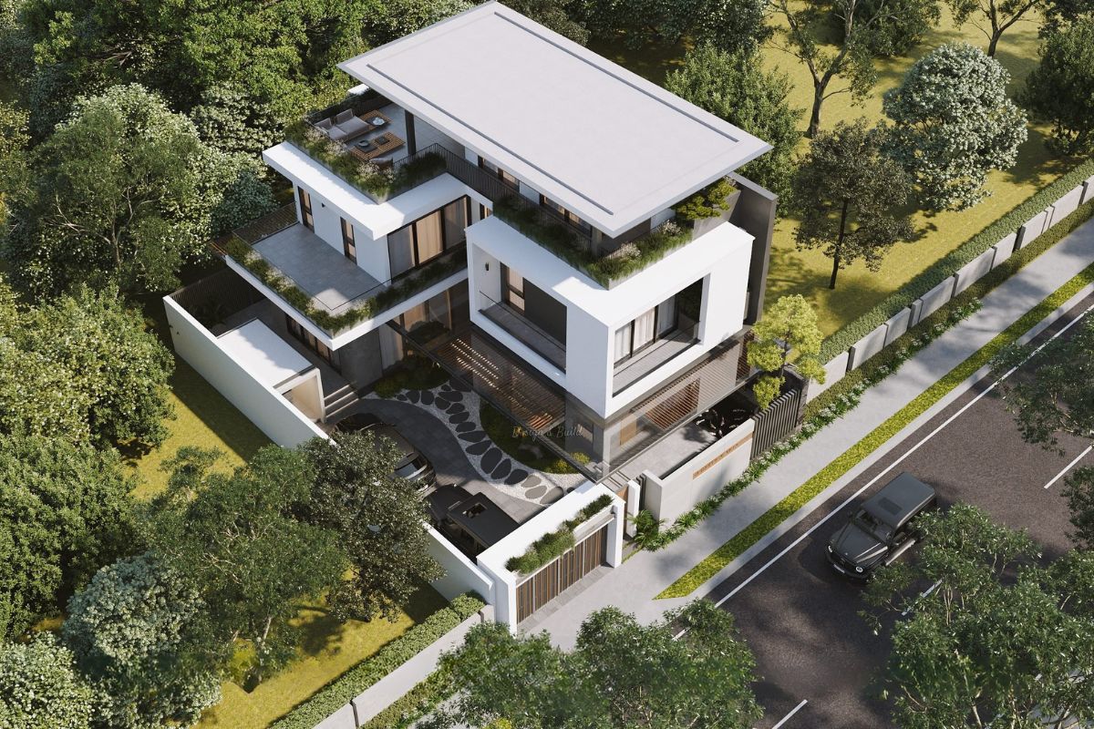 Với biệt thự mặt tiền 10m, kiến trúc sư có thể bố trí vườn trước, vườn bên hoặc sân sau để tăng sự kết nối với thiên nhiên  (Ảnh: Sưu tầm)