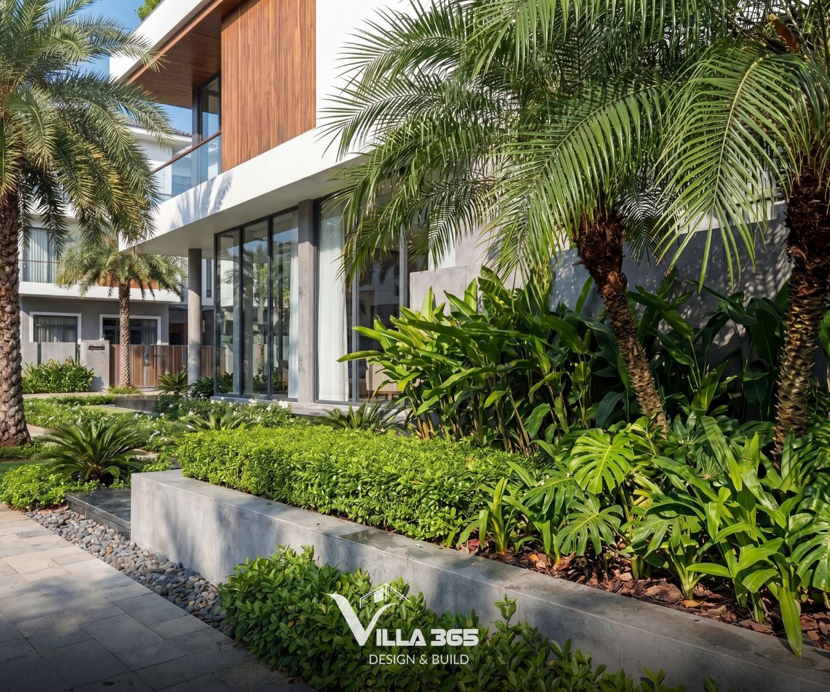 Khu vực sân vườn trước mặt tiền tầng trệt của biệt thự được thiết kế theo phong cách cảnh quan nhiệt đới hiện đại 