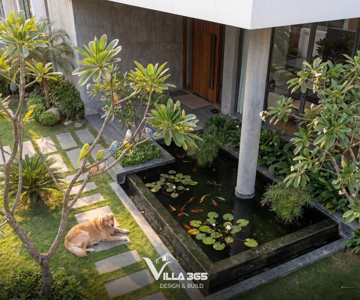 Hồ nước trước nhà trồng khóm hoa súng lá tròn xòe rộng trên mặt nước cùng các bụi thủy trúc xanh 