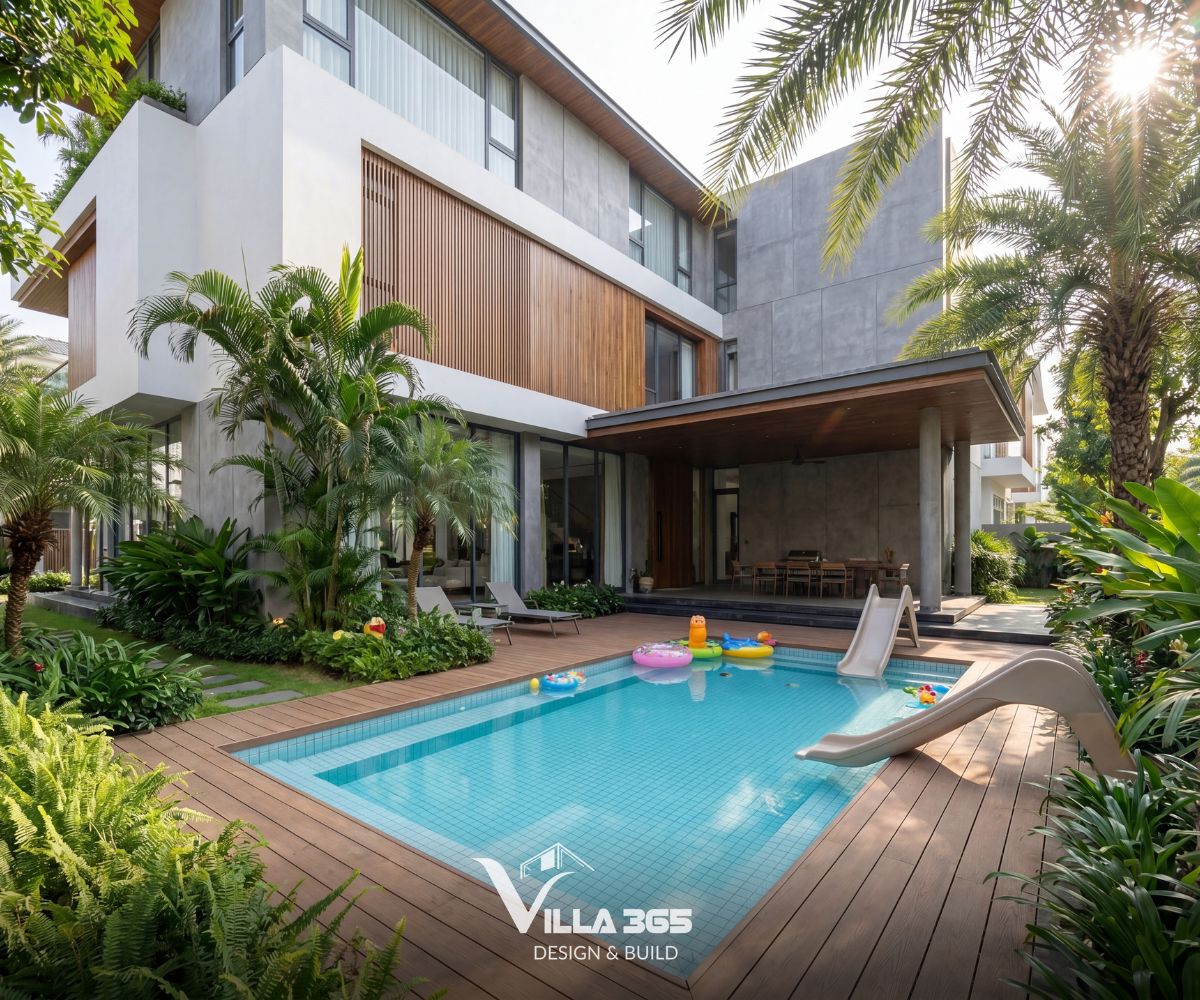Từ phòng khách, bếp ăn đến khu vực hồ bơi, dây chuyền công năng của Chill Villa được tổ chức mạch lạc, thuận tiện cho cả sinh hoạt hằng ngày và những buổi tụ họp 