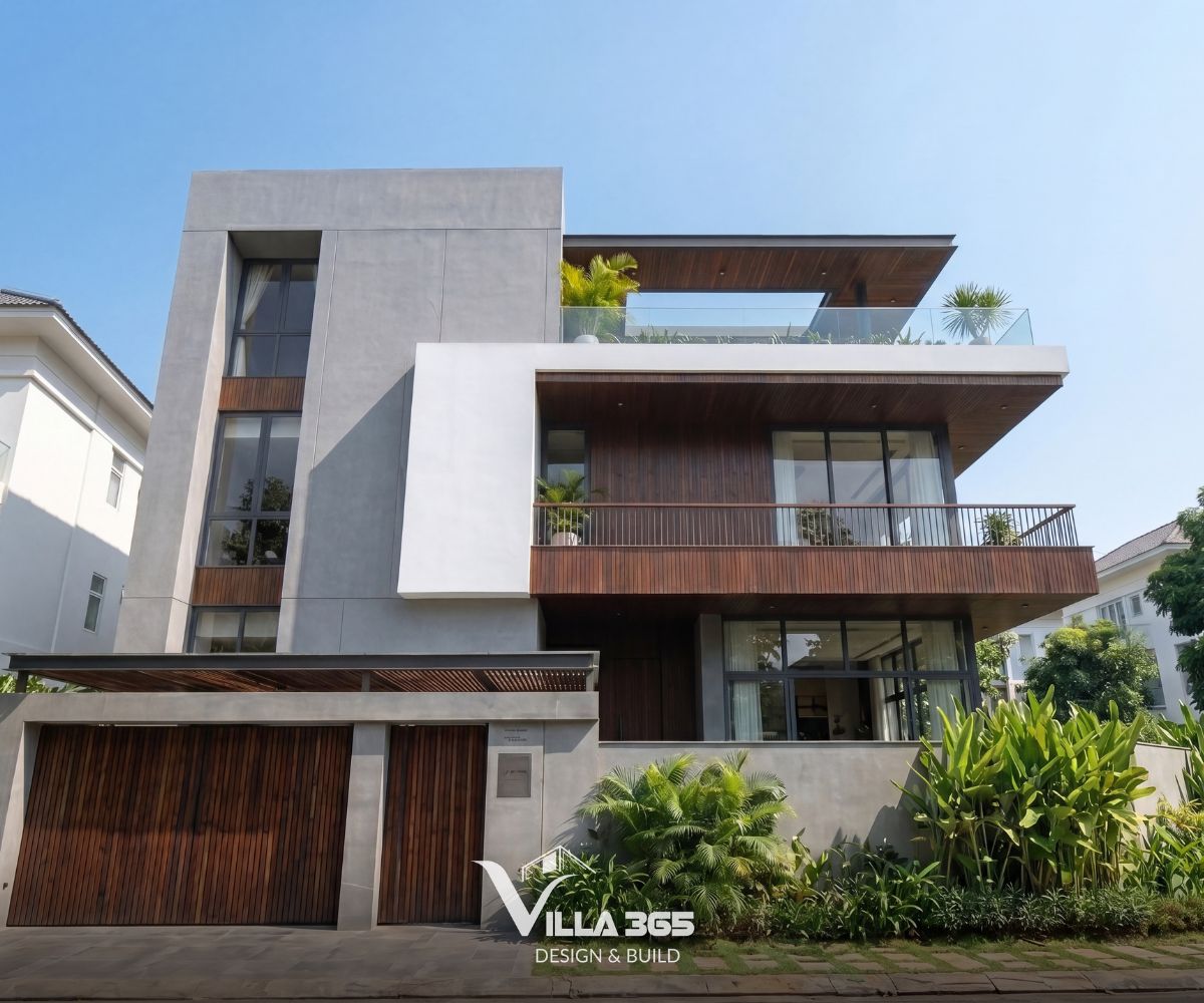 Cổng rào mới được thiết kế phẳng, giản lược chi tiết, đồng bộ với chất liệu gỗ nhựa ngoài trời ở ban công và trần sân thượng 