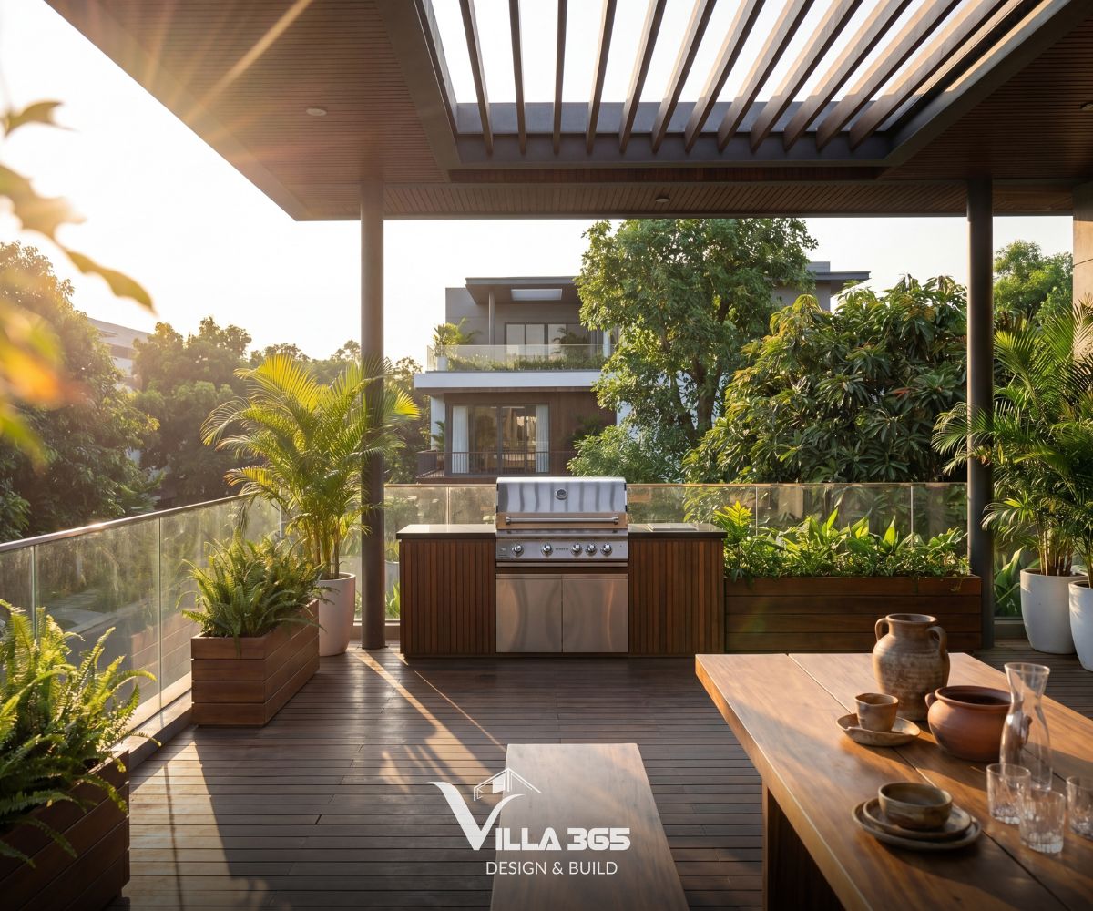 Vườn sân thượng trở thành nơi mọi thành viên cùng trò chuyện, tiếp khách hoặc thưởng thức trà chiều bên nhau 