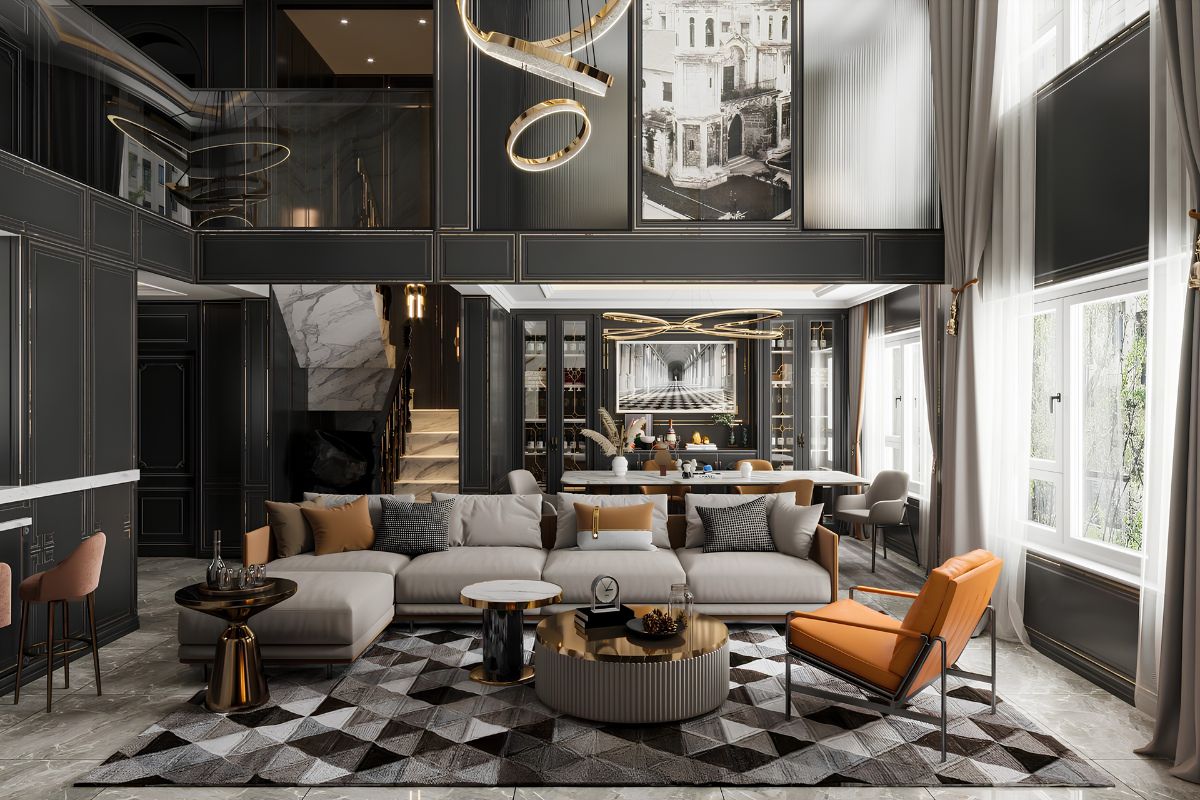 Đá marble, veneer gỗ, kính và kim loại tạo chiều sâu cho không gian Modern Luxury sang trọng  (Ảnh: Sưu tầm)