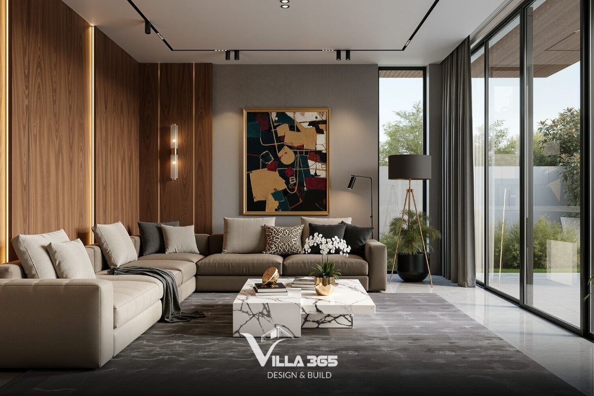 Sofa biệt thự kiểu dáng tối giản kết hợp bàn trà thấp, kệ tivi treo tường và hệ tủ âm giúp tối ưu diện tích và lối di chuyển 
