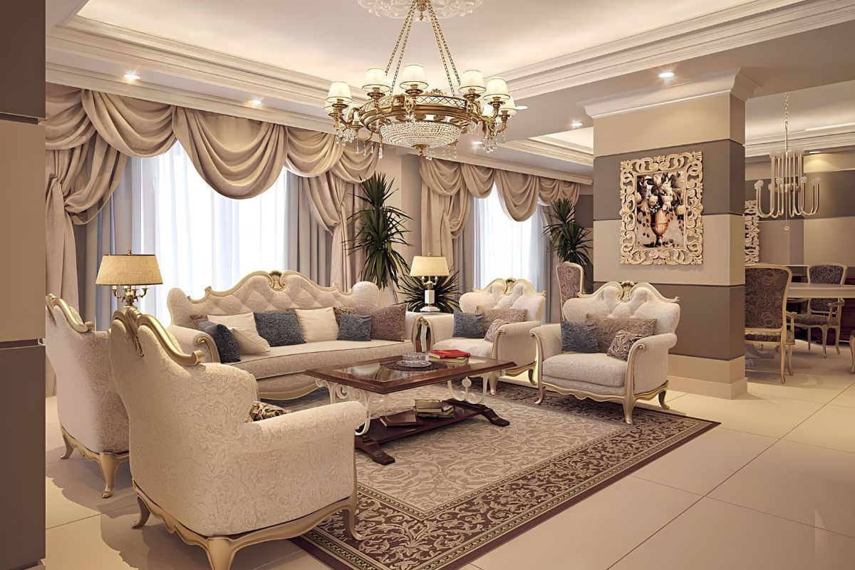 Đèn chùm pha lê cùng các chi tiết ánh vàng làm nổi bật vẻ đẹp sang trọng và tinh tế của phòng khách biệt thự tân cổ điển  (Ảnh: Sưu tầm)