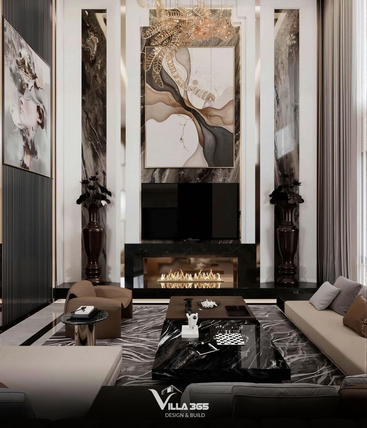 Vách ốp đá Marble kết hợp gỗ óc chó, kính và kim loại mạ tạo nên chiều sâu sang trọng cho không gian phòng khách biệt thự Luxury 