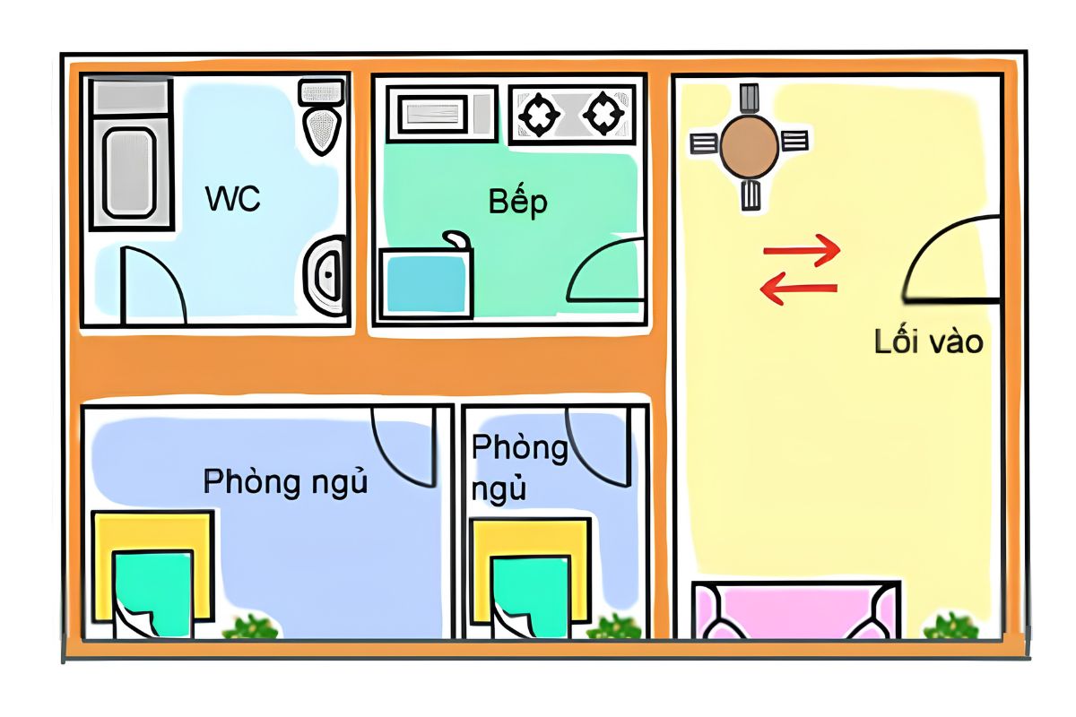 Bếp đối diện cửa chính dễ làm mùi, nhiệt và hoạt động nấu nướng ảnh hưởng đến không gian tiếp khách  (Ảnh: Sưu tầm)
