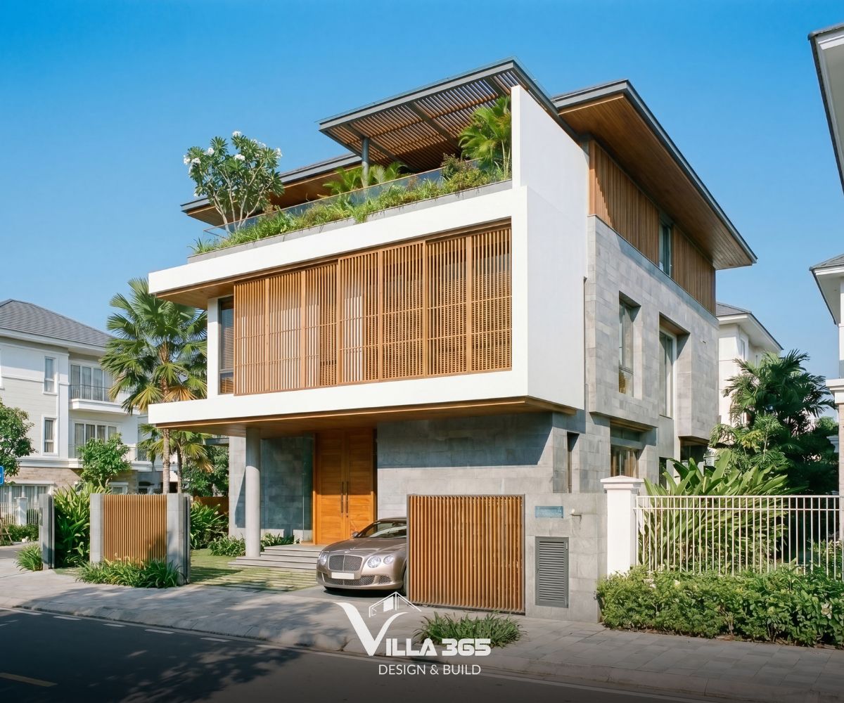 Những mảng đặc – rỗng đan xen giúp mặt tiền Phong Vy Villa không bị nặng nề, đồng thời tăng khả năng tương tác với môi trường xung quanh 
