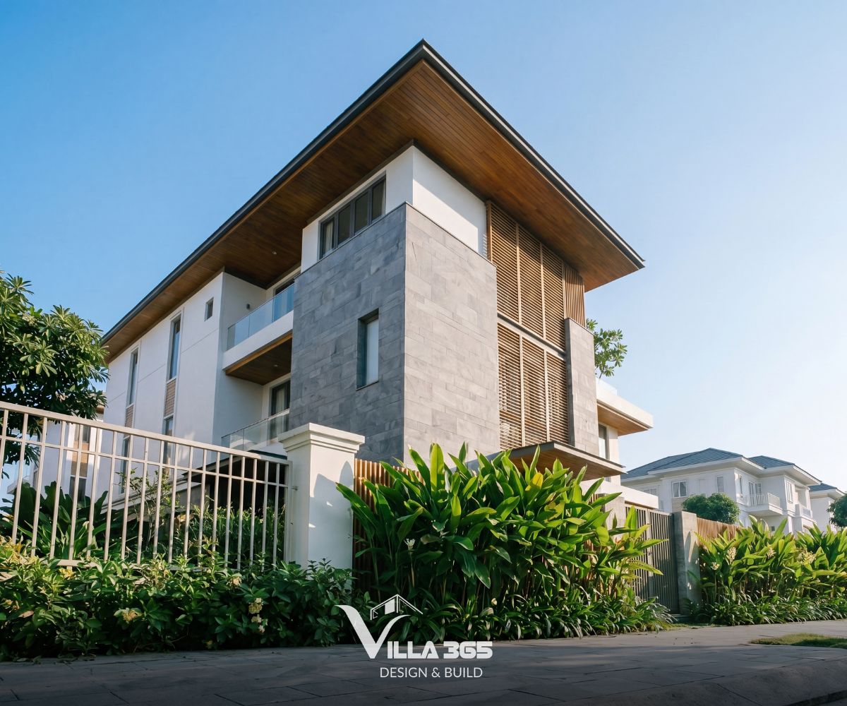 Bề mặt đá xám thô mộc đem lại cảm giác chín chắn, bền vững và sang trọng cho tổng thể biệt thự 