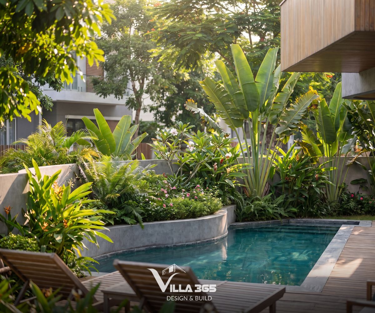 Hồ bơi, sàn gỗ và khu vườn được tổ chức liên hoàn như một không gian thư giãn ngoài trời