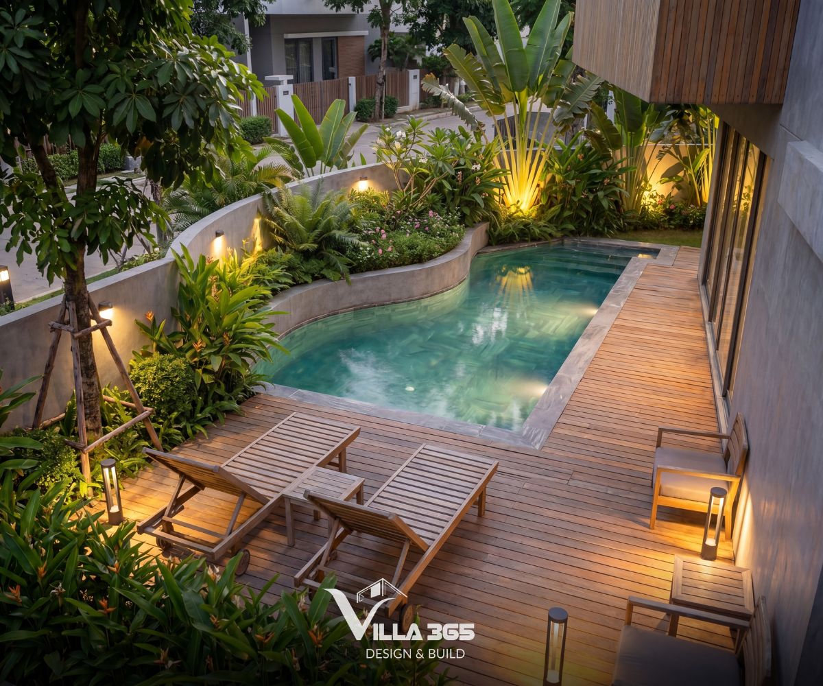Sân vườn được phủ xanh dày đặc bởi các loại cây nhiệt đới như chuối rẻ quạt, dương xỉ, và các bụi hoa cỏ đan xen chạy dọc theo tường rào uốn cong 