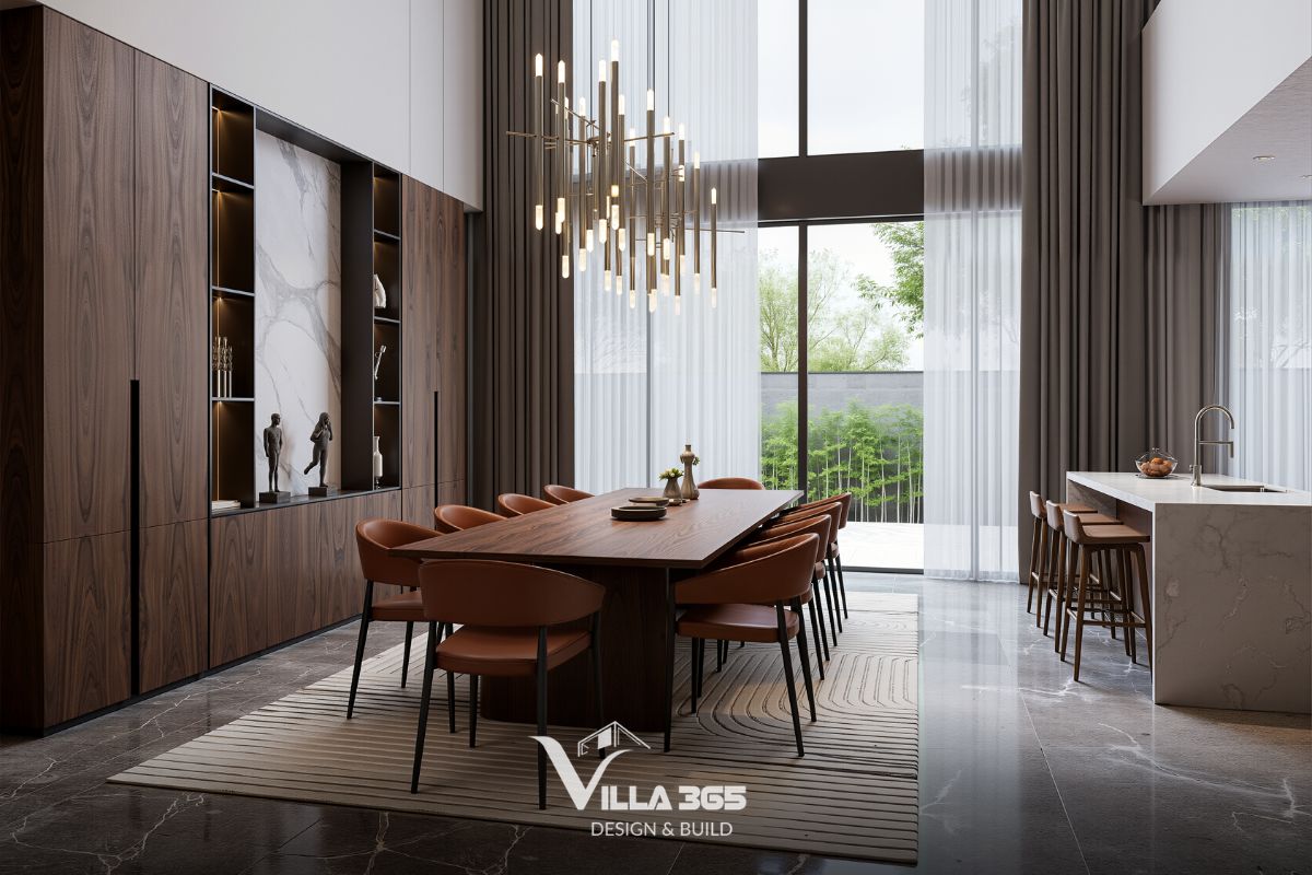 Thiết kế giếng trời biệt thự kết hợp thông tầng sau nhà giúp khu vực bếp ăn thông thoáng, giảm bí bách và gần gũi thiên nhiên hơn
