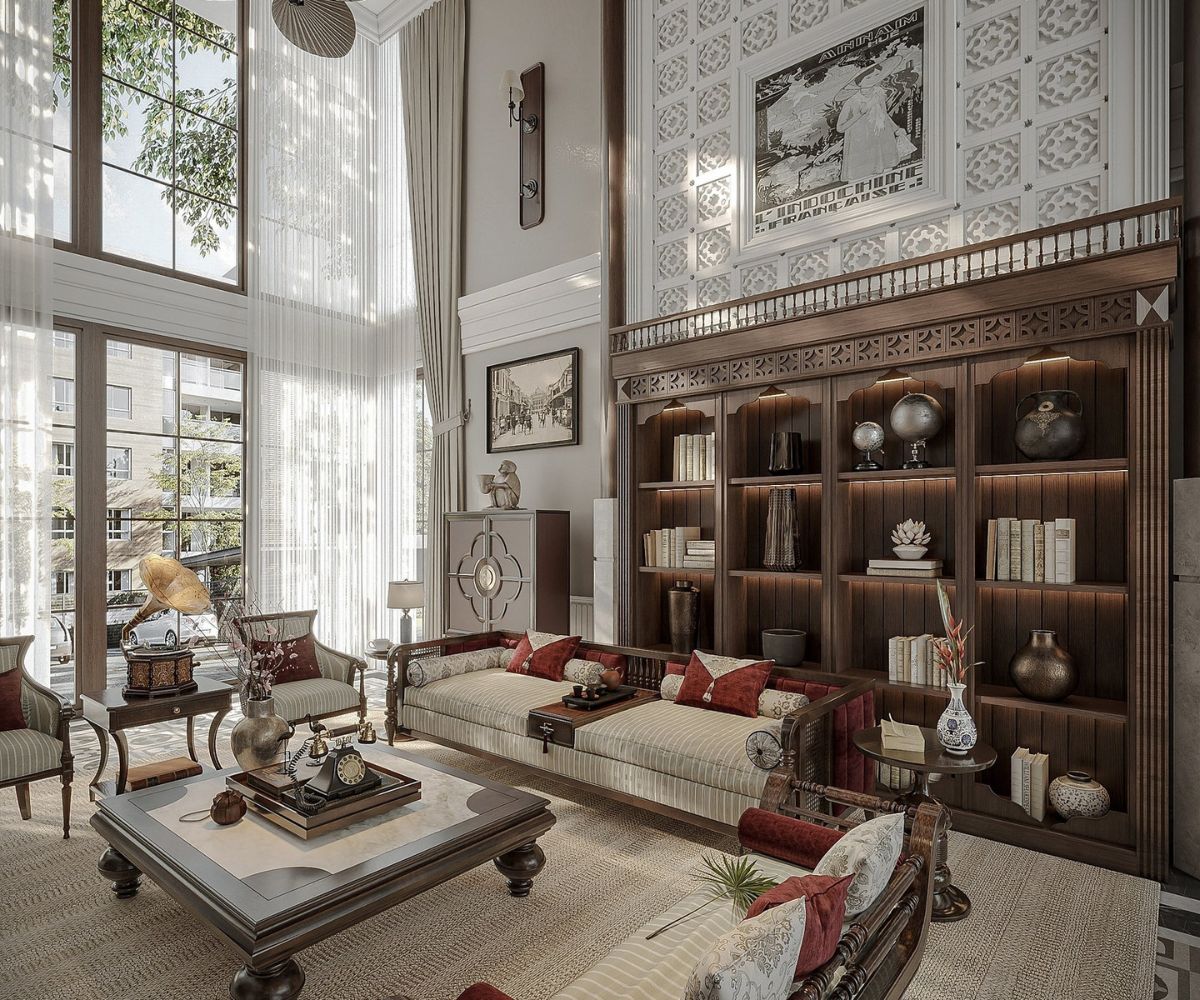 Biệt thự thông tầng Indochine kết hợp tinh thần Á Đông, vật liệu tự nhiên và khoảng mở theo chiều cao đầy cảm xúc  (Ảnh: Sưu tầm)