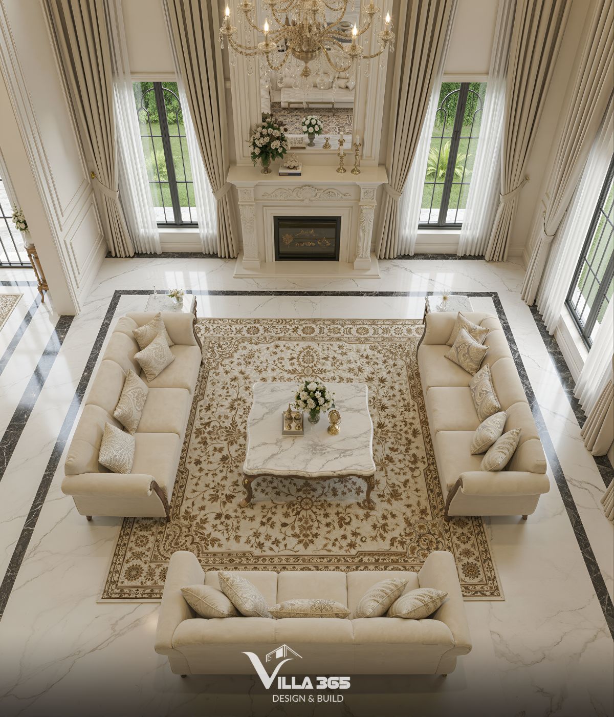 Vách tivi đá marble, veneer gỗ và hệ tủ trang trí giúp phòng khách biệt thự tăng chiều sâu và khả năng lưu trữ 