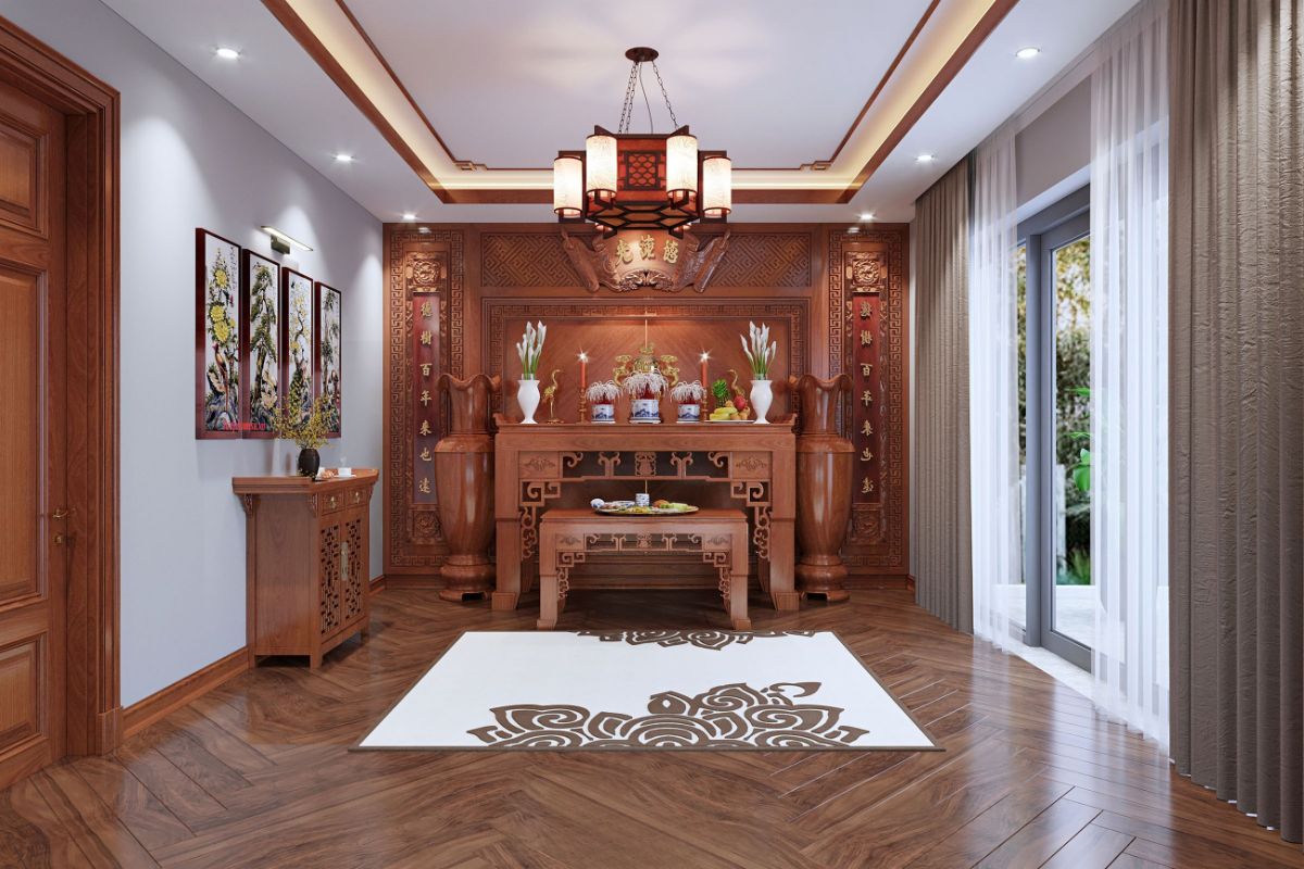 Gỗ tự nhiên và veneer gỗ tông trầm mang đến cảm giác ấm cúng, trang trọng cho không gian tâm linh của gia đình  (Ảnh: Sưu tầm)