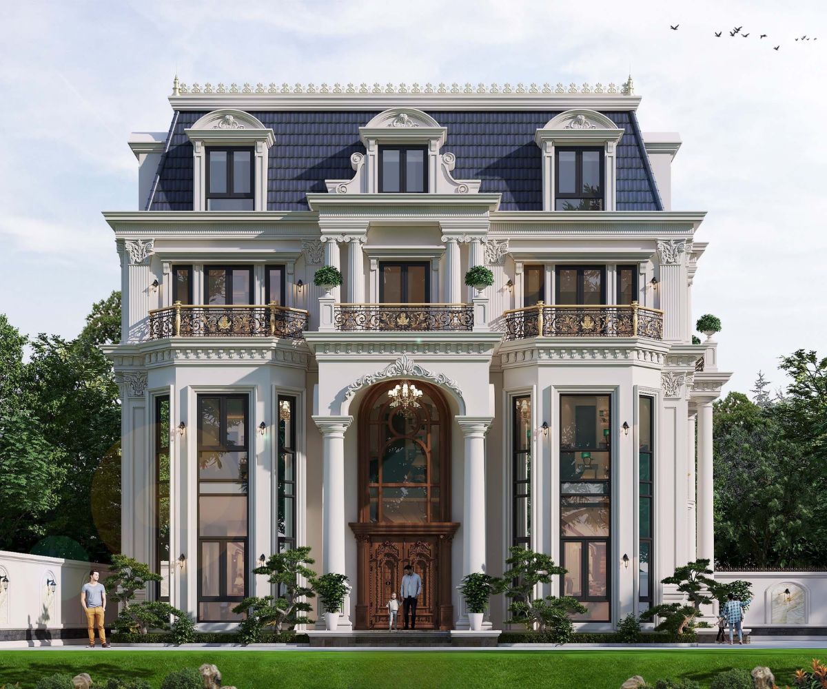 Mẫu Biệt Thự 3 Tầng Kiểu Pháp Đỉnh Cao & Báo Giá Thực Tế 2026 5 Hệ mái Mansard cao kết hợp cửa mái giúp hình khối biệt thự Pháp 3 tầng đẹp trở nên cân đối và giàu chiều sâu (Ảnh: Sưu tầm)