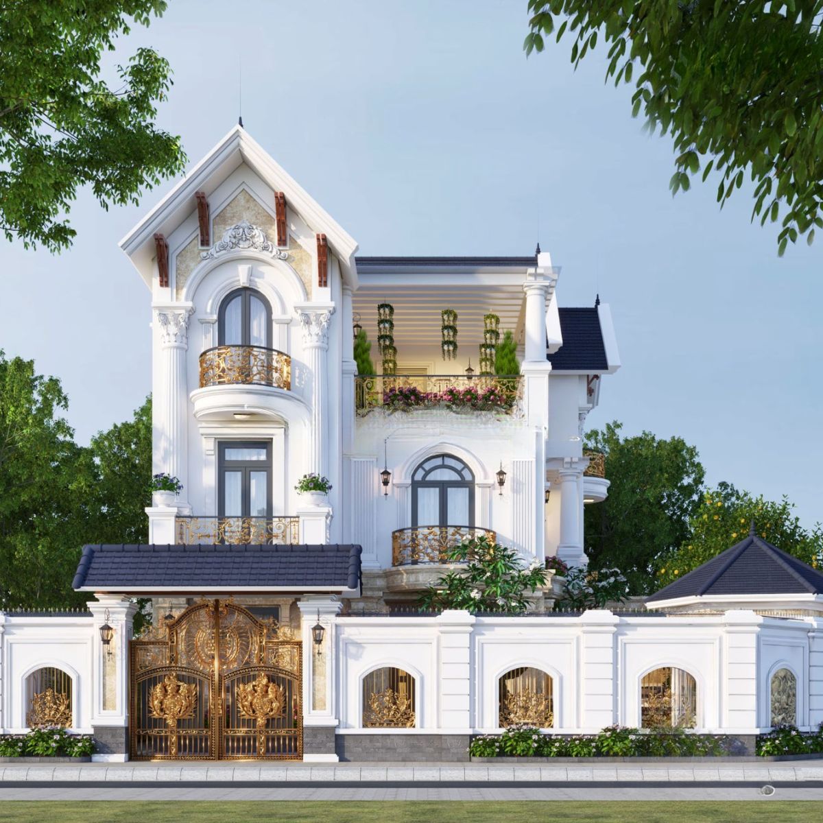 Mẫu Biệt Thự 3 Tầng Kiểu Pháp Đỉnh Cao & Báo Giá Thực Tế 2026 8 Mái Thái dốc cao giúp nhà biệt thự 3 tầng phong cách Pháp thanh thoát, cao ráo và giảm cảm giác nặng nề (Ảnh: Sưu tầm)