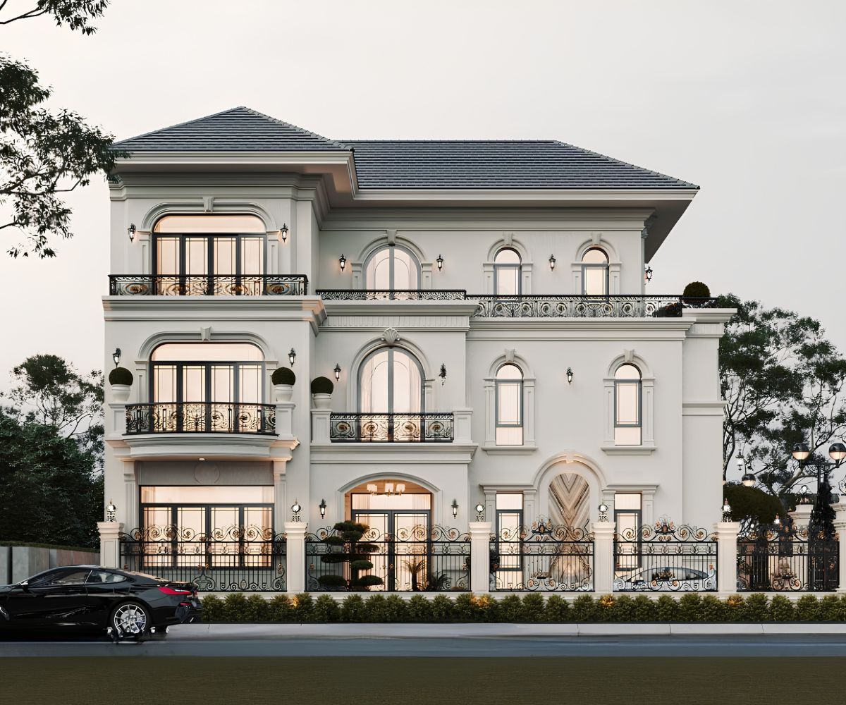 Mẫu Biệt Thự 3 Tầng Kiểu Pháp Đỉnh Cao & Báo Giá Thực Tế 2026 10 Biệt thự 3 tầng kiểu Pháp mái Nhật mang vẻ đẹp nhẹ nhàng, cân bằng giữa kiến trúc châu Âu và cảnh quan Á Đông (Ảnh: Sưu tầm)