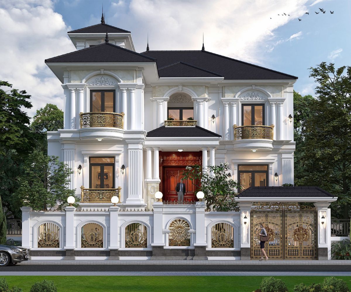 Mẫu Biệt Thự 3 Tầng Kiểu Pháp Đỉnh Cao & Báo Giá Thực Tế 2026 11 Hệ mái Nhật mở rộng theo phương ngang giúp hình khối biệt thự 3 tầng kiến trúc Pháp trở nên thanh thoát hơn (Ảnh: Sưu tầm)
