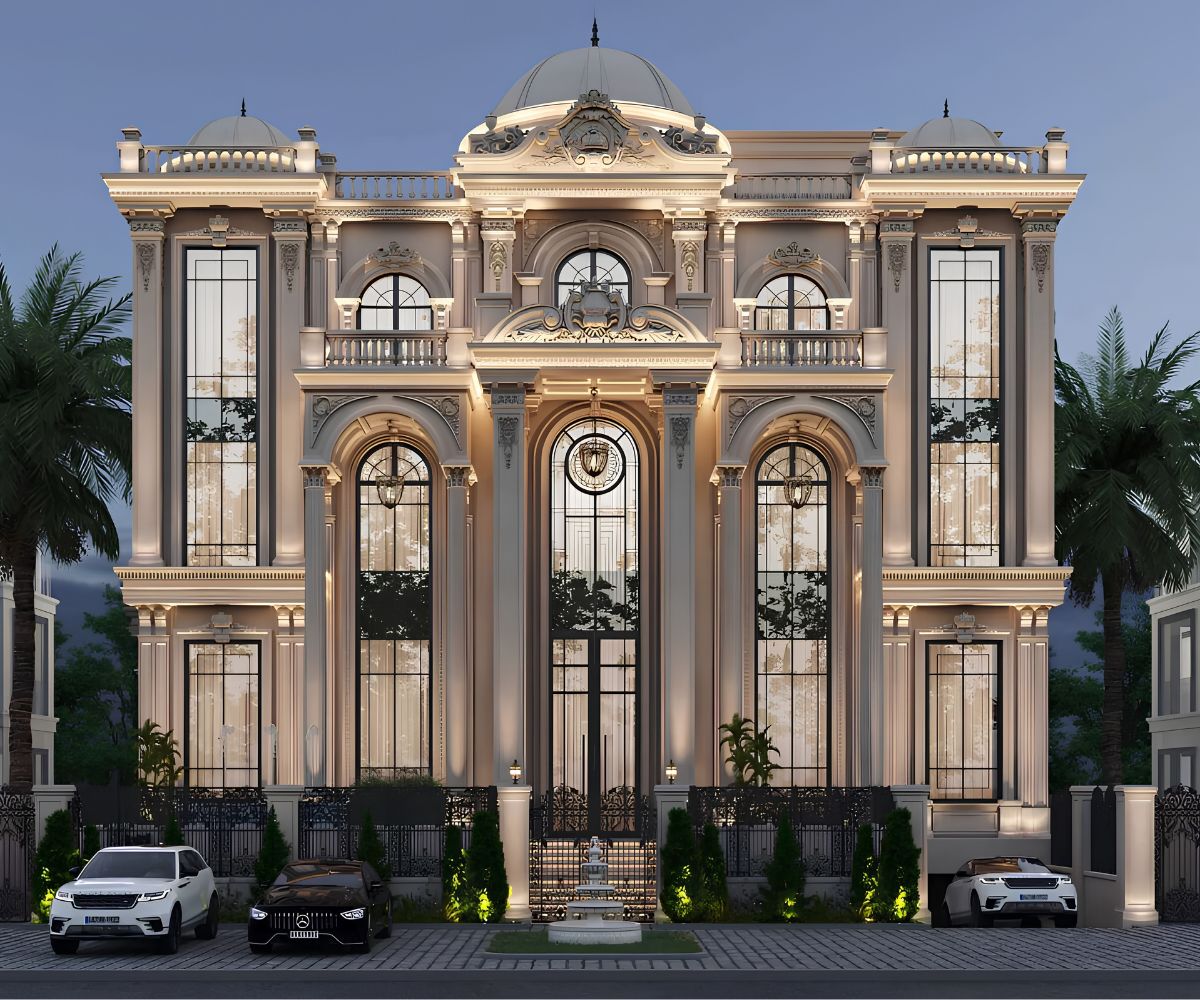 Mẫu Biệt Thự 3 Tầng Kiểu Pháp Đỉnh Cao & Báo Giá Thực Tế 2026 14 Mặt tiền sáng màu kết hợp cột và ban công sắt mỹ thuật tạo vẻ sang trọng cho thiết kế biệt thự cao cấp (Ảnh: Sưu tầm)