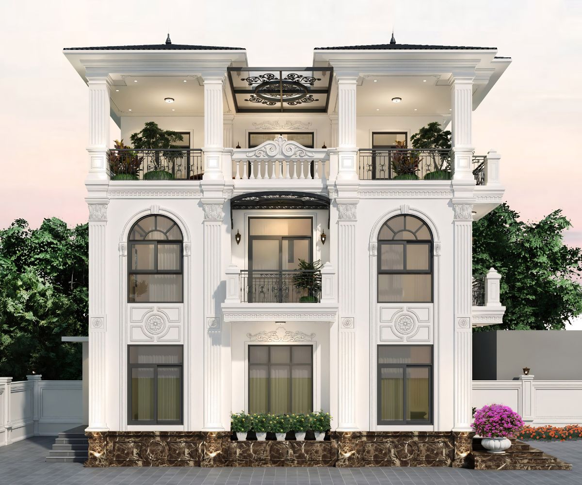 Mẫu Biệt Thự 3 Tầng Kiểu Pháp Đỉnh Cao & Báo Giá Thực Tế 2026 20 Mẫu biệt thự 3 tầng kiểu Pháp 4 phòng ngủ có hình khối gọn, sảnh chính rõ và hệ cửa cân đối (Ảnh: Sưu tầm)