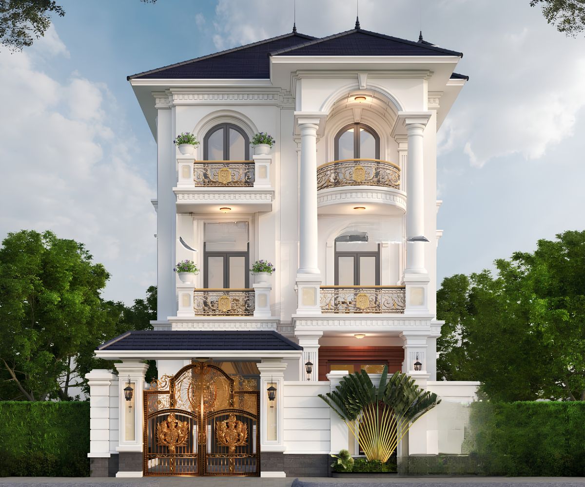 Mẫu Biệt Thự 3 Tầng Kiểu Pháp Đỉnh Cao & Báo Giá Thực Tế 2026 24 Thiết kế biệt thự 3 tầng kiểu Pháp 5 phòng ngủ phù hợp với khu đất có chiều ngang và khoảng lùi tốt (Ảnh: Sưu tầm)