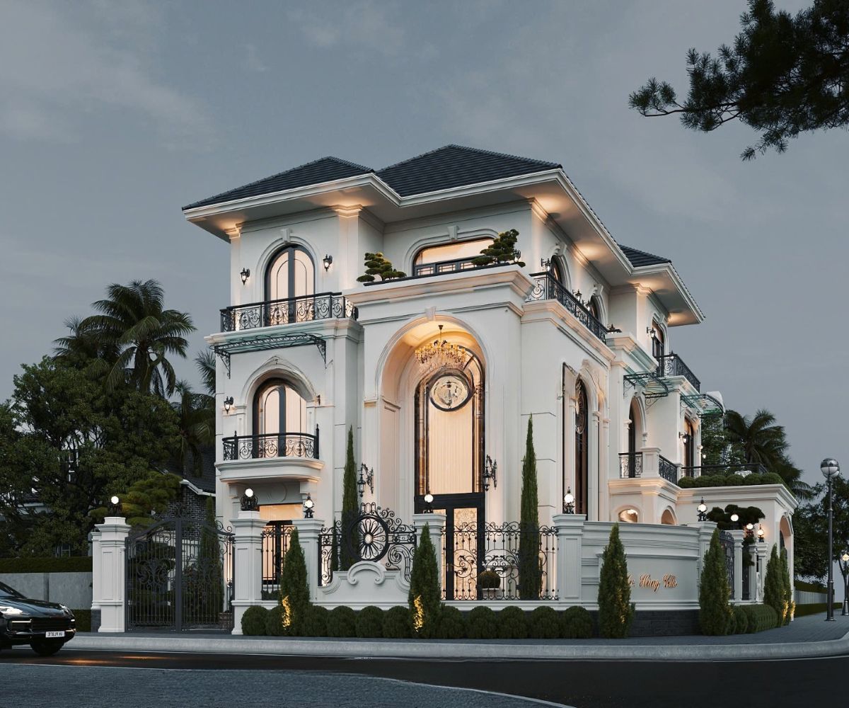 Mẫu Biệt Thự 3 Tầng Kiểu Pháp Đỉnh Cao & Báo Giá Thực Tế 2026 25 Biệt thự kiểu Pháp 3 tầng 6 phòng ngủ sở hữu quy mô lớn, hình khối bề thế và nhiều mặt thoáng (Ảnh: Sưu tầm)