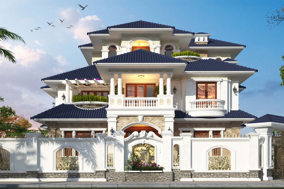 Mẫu Biệt Thự 3 Tầng Kiểu Pháp Đỉnh Cao & Báo Giá Thực Tế 2026 26 Hệ cột xuyên tầng tạo vẻ vững chắc, trang nghiêm cho mẫu biệt thự Pháp dành cho gia đình đa thế hệ (Ảnh: Sưu tầm)