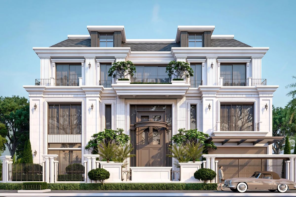 Mẫu Biệt Thự 3 Tầng Kiểu Pháp Đỉnh Cao & Báo Giá Thực Tế 2026 27 Khu đất từ khoảng 300m² giúp biệt thự 6 phòng ngủ có đủ khoảng thở và sân vườn bao quanh (Ảnh: Sưu tầm)