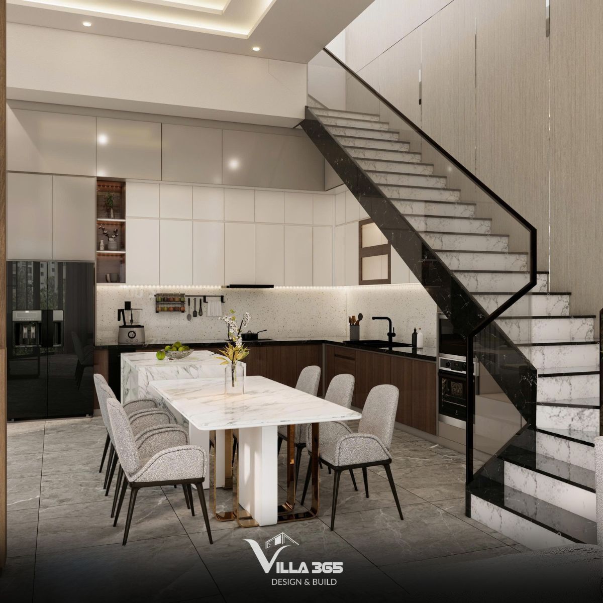 Cầu thang sử dụng vách kính cường lực trong suốt kết hợp tay vịn đen thanh mảnh để không cản ánh sáng, tạo độ thông thoáng 