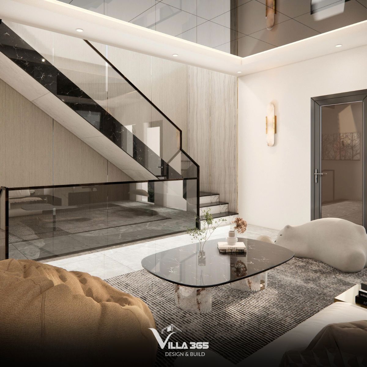 Thảm lớn màu xám với vân lượn sóng giúp định vị không gian và khơi gợi sự ấm cúng 